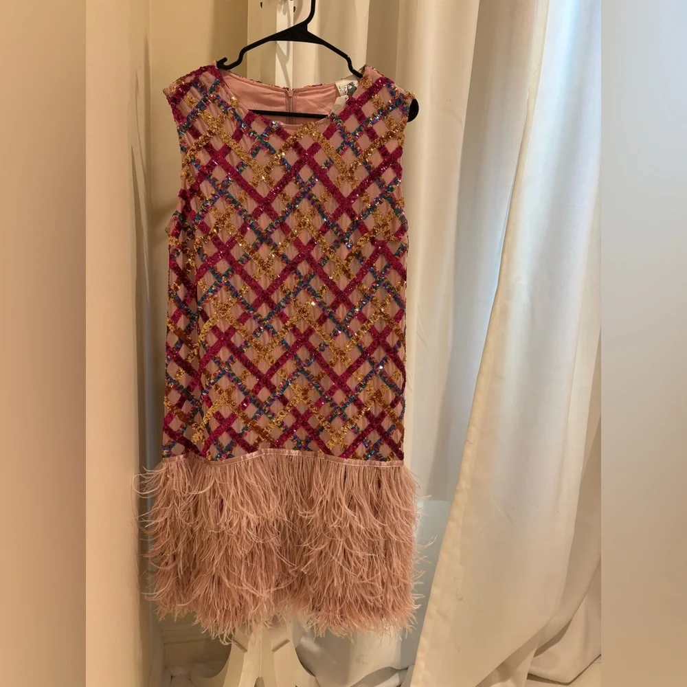 QUEEN OF SPARKLES Pink and Blue Plaid Dress with Feather Hem - Picture 1 of 4